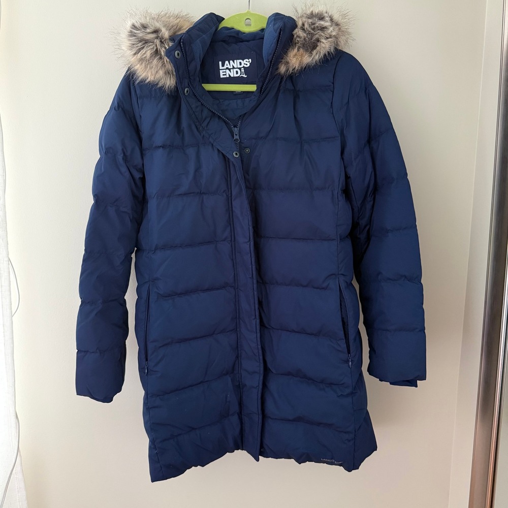 Lands End Womens Navy Blue Down Quilted Parka Jacket Faux Fur Hood Size M 10-12